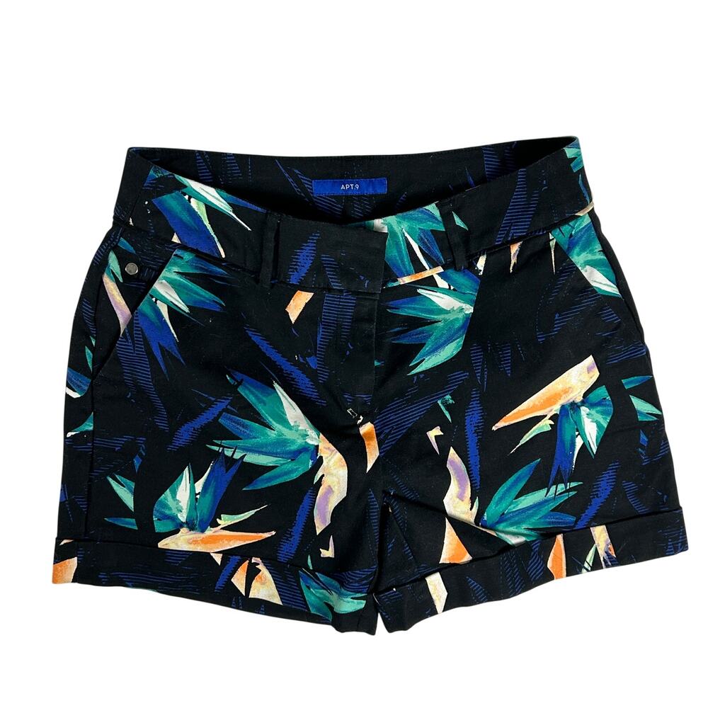 Apt 9 Tropical Print Cuffed Shorts Womens Size 6 Black Bird of Paradise